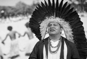Black and white photo of tribe leader and 'The Spirit of Tatá' co-director Tashka Yawanawá